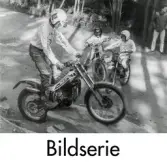 Serie om 16 svartvita fotografier som visar trial vid Blixåsbanan i Balltorp, Mölndal, okänt årtal.