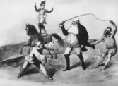 Målning av Alexander Clemens Wetterling föreställande En man som står på en häst, två clowner samt en cdirektör som håller en piska i handen. Signerad A. C. Wetterling 1857 och med text 