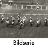 Serie om 18 svartvita fotografier som visar motocrosstävling på Blixåsbanan i Balltorp, Mölndal, okänt årtal.