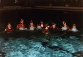 Medlemmar i Lindome Sportdykarklubb övar dykning i Åby simhall i Åby, Mölndal, år 1983. Grupporträtt i bassängen.