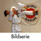 Serie om fem fotografier som visar en man och en kvinna från Mölndals Judoklubb träna judo i oktober 1996.