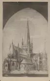 Trondheims Domkyrka. Texten på baksida kort är ett meddelande om en försäljning som görs till förmån för restaureringen av kyrkan.