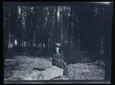 Elin Morthensen (född Anrep) sitter på en stock i skogen. Vitsippor blommar på marken.