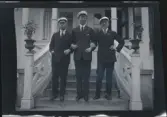 De tre bröderna Morthensen, Sven (mitten) Birger och Gunnar arm i arm på trappen till familjens villa Solveden. Alla bär studentmössor.