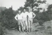 Tre unga idrottsklädda män från KSK (Kållereds sportklubb) står bredvid varandra ute i naturen, okänd plats och årtal. Från vänster: 1. Gunnar Larsson, Sporred. 2. Arne Ingelhammar (född Andersson). 3. Folke Andersson, Vommedal. Arne och Folke är bröder.