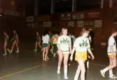Idrottshuset i Mölndal, mars 1984. Kvarnby Basket spelar match mot Ryds Basketklubb. Slutresultat är okänt.