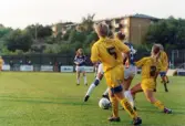 Fotbollslaget Jitex BK spelar match mot Öxabäcks IF på Kvarnbyvallen i Mölndal, maj 1990. Jitex BK vann matchen med 3-1.