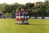 Fotbollslaget Jitex BK spelar match mot Öxabäcks IF på Kvarnbyvallen i Mölndal, maj 1990. Jitex BK vann matchen med 3-1.