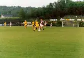 Fotbollslaget Jitex BK spelar match mot Öxabäcks IF på Kvarnbyvallen i Mölndal, maj 1990. Jitex BK vann matchen med 3-1.