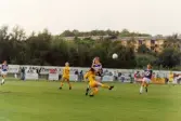 Fotbollslaget Jitex BK spelar match mot Öxabäcks IF på Kvarnbyvallen i Mölndal, maj 1990. Jitex BK vann matchen med 3-1.