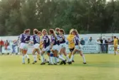 Fotbollslaget Jitex BK spelar match mot Öxabäcks IF på Kvarnbyvallen i Mölndal, maj 1990. Jitex BK vann matchen med 3-1.