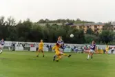 Fotbollslaget Jitex BK spelar match mot Öxabäcks IF på Kvarnbyvallen i Mölndal, maj 1990. Jitex BK vann matchen med 3-1.