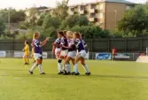 Fotbollslaget Jitex BK spelar match mot Öxabäcks IF på Kvarnbyvallen i Mölndal, maj 1990. Jitex BK vann matchen med 3-1.
