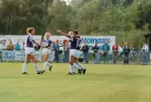 Fotbollslaget Jitex BK spelar match mot Öxabäcks IF på Kvarnbyvallen i Mölndal, maj 1990. Jitex BK vann matchen med 3-1.