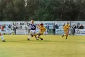 Fotbollslaget Jitex BK spelar match mot Öxabäcks IF på Kvarnbyvallen i Mölndal, maj 1990. Jitex BK vann matchen med 3-1.