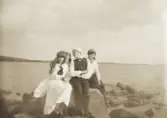 Tre tonårsflickor i ljusa kläder och en pojke har slagit sig ner på några stenar vid en sjökant.
(Helgasjön?).