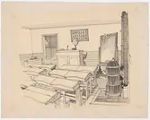 Väla skola.
Tuschteckning,
Skolsalen.