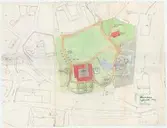 Skånegården.
Situationsplan över sydöstra Skansen med inplanerade förändringar.
Delvis kolorerad.