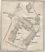 Älvrosgården.
Situationsplan.
Sedd ovanifrån.
Byggnadernas benämningar på engelska.