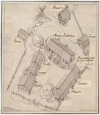 Älvrosgården.
Situationsplan.
Byggnadernas benämningar på franska.