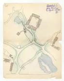 Delsbogården.
Situationsplan (färglagd).
Förslag till omläggning av vägnätet.