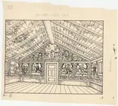 Delsbogården.
Teckning visande Gustav Reuters väggmålningar.
Västerängsstugan.