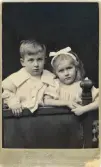 En pojke och en flicka hos fotografen.
Rolf Eksandh med systern Stina, barn till häradshövding Theodor Eksandh och h.h. Anna. 
Bröstbild, halvprofil. Ateljéfoto.