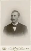 En man i mustasch, klädd i mörk kostym med stärkkrage och fluga.
Bröstbild, halvprofil. Ateljéfoto.
Kronolänsman Albert Bergstedt, Växjö. Morfar till givaren.