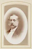 En man med mustascher och polisonger, klädd i frack med stärkkrage och fluga. 
Bröstbild, halvprofil. Ateljéfoto.
Friherre Carl Edv. Wrede af Elimä (1821-1904), Araby gård (senare Kampen), Växjö.