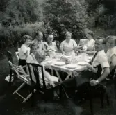 Hela släkten samlad vid ett dukat bord i en trädgård i Lödöse, sommaren 1956.