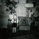 Porträtt av pojken Lennart Berndtsson klädd i finkläder i vardagsrummet. Prytzgatan i Broslätt, Mölndal, cirka 1957.