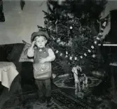 Jul på Prytzgatan i Broslätt, Mölndal, år 1957. Porträtt av den finklädde pojken Lennart Berndtsson som står intill julgranen i vardagsrummet.