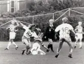 Fotbollslaget Jitex BK spelar match på Kvarnbyvallen i Mölndal, år 1993-1994. Motståndarlag och slutresultat är okända.