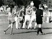 Fotbollslaget Jitex BK spelar match på Kvarnbyvallen i Mölndal på 1990-talet. Motståndarlag och slutresultat är okända.