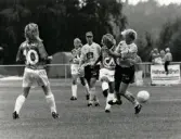 Fotbollslaget Jitex BK spelar match på Kvarnbyvallen i Mölndal på 1990-talet. Motståndarlag och slutresultat är okända.