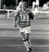 Fotbollslaget Jitex BK spelar match på Kvarnbyvallen i Mölndal på 1990-talet. Motståndarlag och slutresultat är okända.