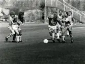 Fotbollslaget Jitex BK spelar match på Kvarnbyvallen i Mölndal på 1990-talet. Motståndarlag och slutresultat är okända.