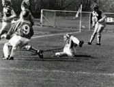 Fotbollslaget Jitex BK spelar match på Kvarnbyvallen i Mölndal på 1990-talet. Motståndarlag och slutresultat är okända.