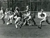 Fotbollslaget Jitex BK spelar match på Kvarnbyvallen i Mölndal på 1990-talet. Motståndarlag och slutresultat är okända.