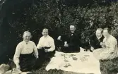 En grupp människor som har en picknick utomhus, troligen under tidigt 1900-tal. Text baksida kort: 