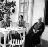 Hedvig Ulfsparre tillsammans med en man och en kvinna vid kaffebordet, ute på verandan.