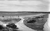 Ugglarps havsbad. Strandvy med badande och solande människor. Bilarna är parkerade nere vid stranden.