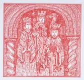 Förlaga till julkort (?), jultallrik (?) i rött. 
Tre konungar i en kyrkportal.
Design: Gunnar Nylund -67 (sign. i nhh).