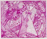 Förlaga till julkort i rödlila. 
Figur med diverse djur och fåglar, julskinka m.m.
Design: Gunnar Nylund (sign. GN - 62 i nvh).