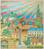 Förlaga till affisch (?). 
Stadsvy, Kristianstad med flera byggnader, t ex kyrkan, museet, residenset och kvarnen. 
Signerad G. Nylund nedtill.