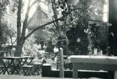 Uteservering i en lummig trädgård någonstans i Visby, Gotland 1927.
