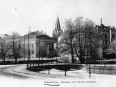 Riksbanken, kyrkan och stora hotellet på Köpmangatan , Engelbrektsgatan och Drottninggatan, 1922