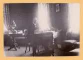 En okänd man i kostym och stärkkrage m.m., sitter vid sitt skrivbord i ett herrum. 

Möjl. docent Nils Sjöstrand (1858-1897), eller: lektor Alfred Hjelmérus (1859-1940), båda svärsöner t. fabrikör Carl Schander, Växjö.