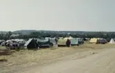 Campingtält och bilar på Haverdalsstrand på en gräsmatta utmed en grusväg. I bakgrunden lövträd och en skogsklädd ås.