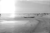 Vy över Olofsbo havsbad mot norr med fyren på Morups tånge i fjärran. I förgrunden en uppdragen båt på stranden.